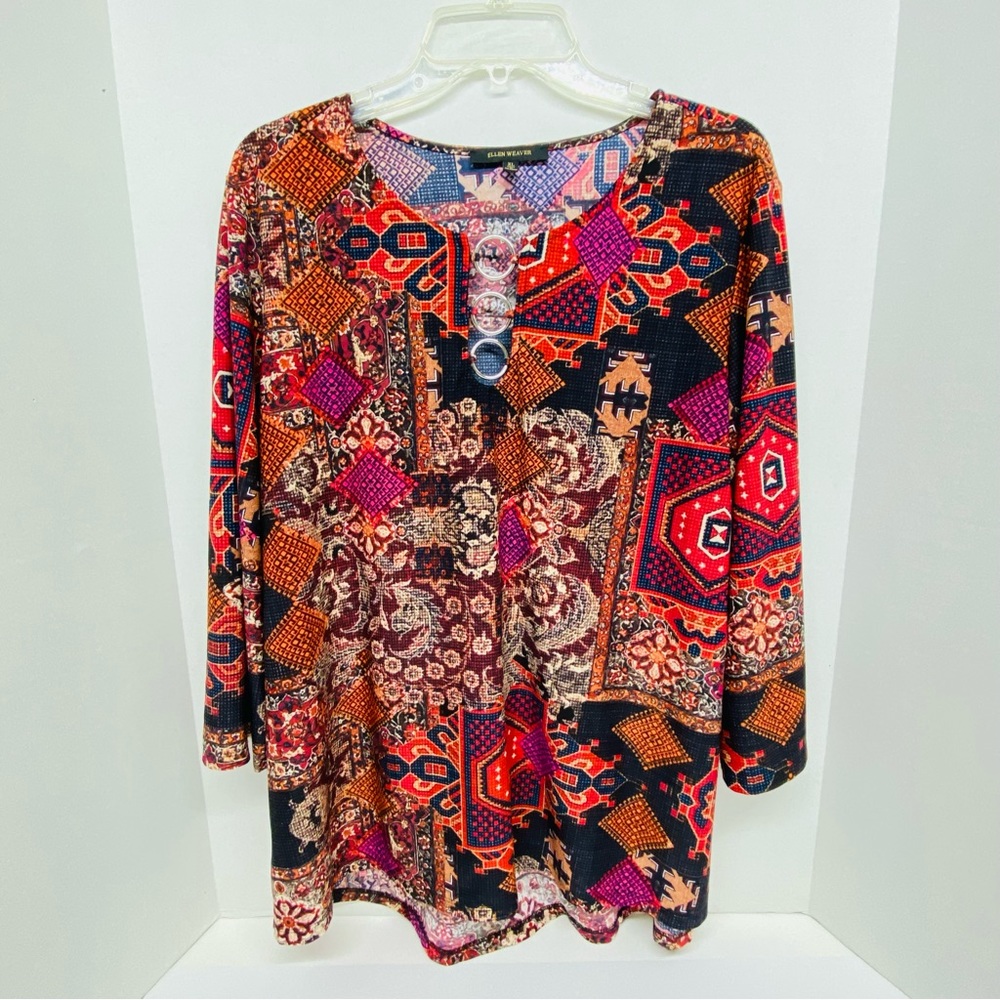 Ellen Weaver Size XL Multicolored Blouse 3/4 Sleeves 3 ring accents front Flowy